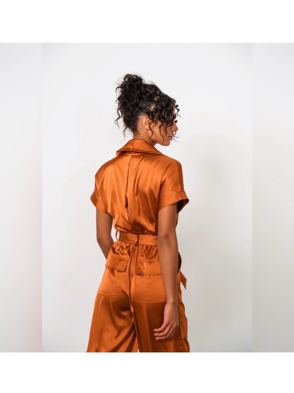 Hutch Satin Utility Jumpsuit in Rust Orange - Picture 2 of 6